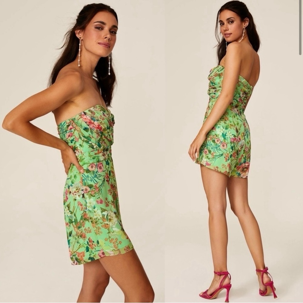 Jay Godfrey Lydia Green floral strapless sweetheart neckline romper, size 6